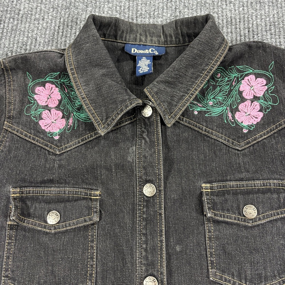 Denim & Co Jacket Women XL Black Floral Embroidery Western Button Front